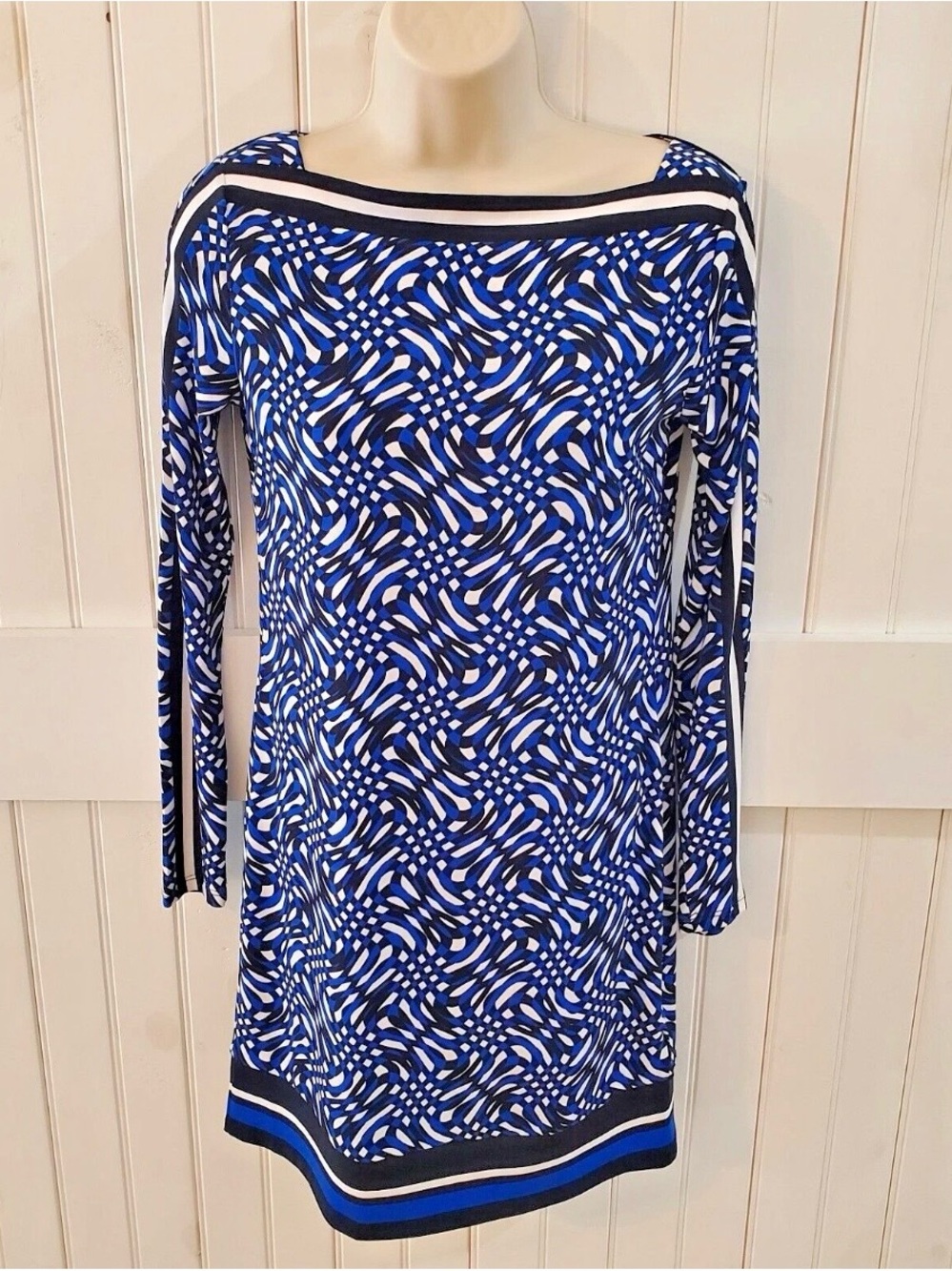 Michael Kors Blue and White Geometric Shift Midi Dress PS